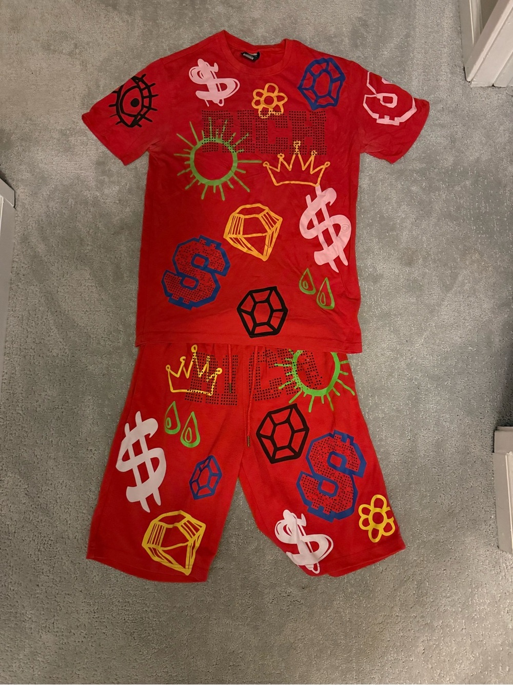 Red Kids Stylish Outfit Set with Multicolor Icons